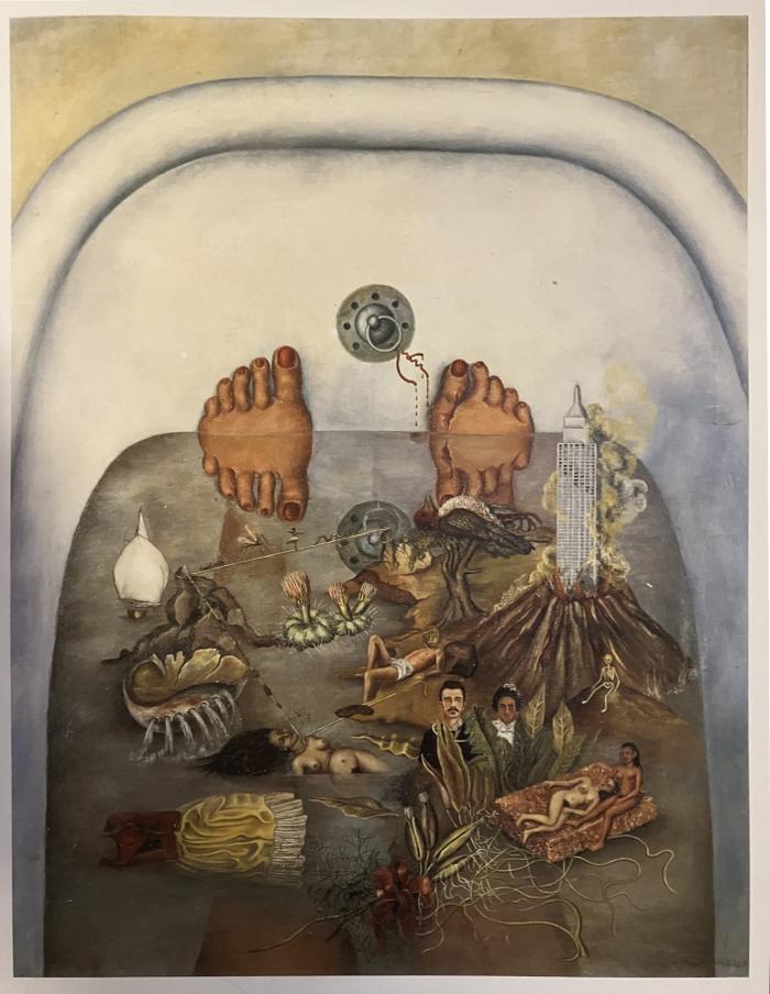 The painting is vertical and comprises half of a bathtub filled with water. Frida Kahlo is lying in the water, and the spectator is positioned in the same perspective as her torso, looking at her feet, which appear outside the water. With red painted toenails, her right foot bleeds, where we can see a scar around the big toe. Both feet are positioned vertically, leaning at the end of the bathtub. Several creatures and scenes are floating in the water. Clockwise, there is an island with an erupting volcano from which a skyscraper rises. At its feet, a tree with a disproportionately large dead bird lying on the top, a nearly naked man with his feet in the water, and a skeleton on the other side of the island. Further down, a white woman is in the lap of another woman with dark skin. Both are naked in a bed. Further to the left is a portrait of a couple—he is white, and she is a woman of color—dressed traditionally, in a larger size, partially covered by plants. These plants, with closed flowers, fruits, and roots, extend to the front of the painting, where they would cover the sex of the bather. Further to the left, a dress lying down with a red bodice and yellow skirt. A little higher, there is the torso of a naked woman with closed eyes and long black hair. A little higher, a shell with a series of holes in the front through which water flows. A sailboat heading towards the front just above a triangular rock and to the left. Closing the circle, some cactus with large pink flowers. Finally, joining several of the small images, the man on the island holds the end of a rope that goes to the neck of the naked woman, from there to the highest peak of the triangular rock and back to the island. On that rope walk, several insects and a tiny human figure.