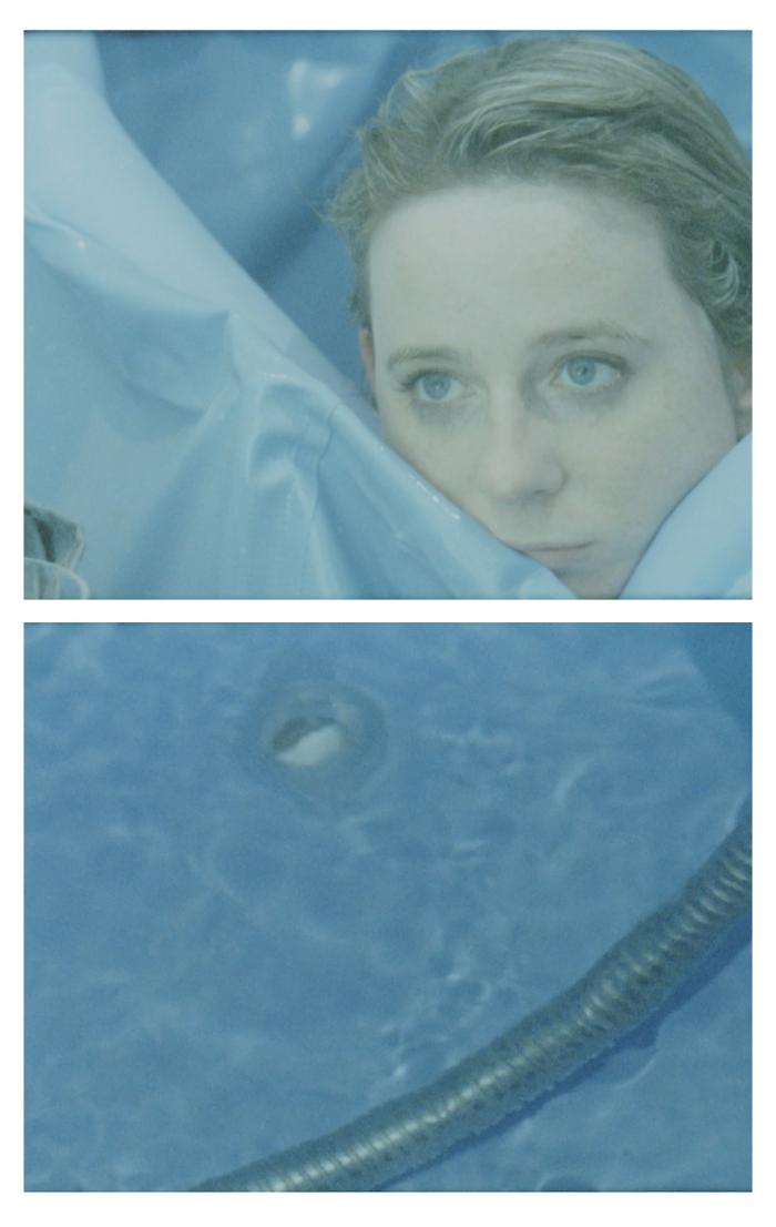 Figure 4: A tableau of two screenshots from Anne Ulrikke Andersen’s On Being and Bathing (2021). From top to bottom: A closeup of Abi Palmer as the looks across the edge of her bathtub. A closeup of a metal hose used to fill the tub with water. 