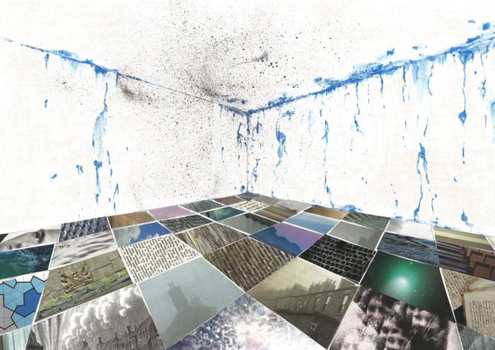 Mixed-media collage. The corner of a large, windowless room. Blue watercolour paint seeps from the ceiling edges and trickles down the two walls. Black ink is spattered across one wall and the ceiling. The floor is made of squares cut from magazine images, of bricks, terraced houses, human faces, newsprint, water and abstract patterns in blue and purple.