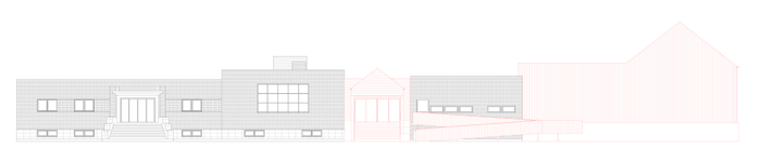 <p>Fig. 6. The former NRK building illustrated in greyscale, with the annex for Vadsø Museum–Ruija Kven Museum marked in red. Original graphics: Norconsult. Additional graphics: Tord Øyen</p>