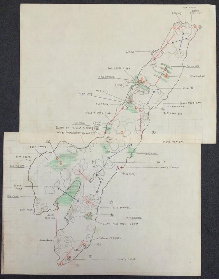 <p>Figure 08:&nbsp;Map of Knavelskär showing&nbsp;sound beams (blue arrows), sound throws (red arrows), and areas of&nbsp;fog (green shades) created by&nbsp;David Tudor, Fujiko Nakaya and Margaretha Åsberg&nbsp;|&nbsp;Klüver/Martin Archive</p>