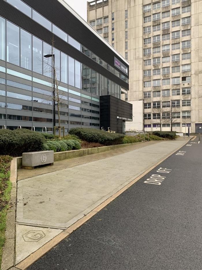 <p>Figure 4 and 5 'Concretene' parking bay outside the GEIC; photos taken by the author 31 December 2022 </p>