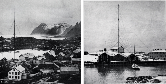 <p>Left: The transmitter mast at Sørvågen radiotelegrafstasjon in 1906. Right: The transmitter mast at Røst radiotelegrafstasjon in 1906. Photos from Thorolf Rafto, <em>Telegrafverkets historie 1855 – 1955</em> (Bergen: AS John Griegs Boktrykkeri, 1955): 360-361.</p>