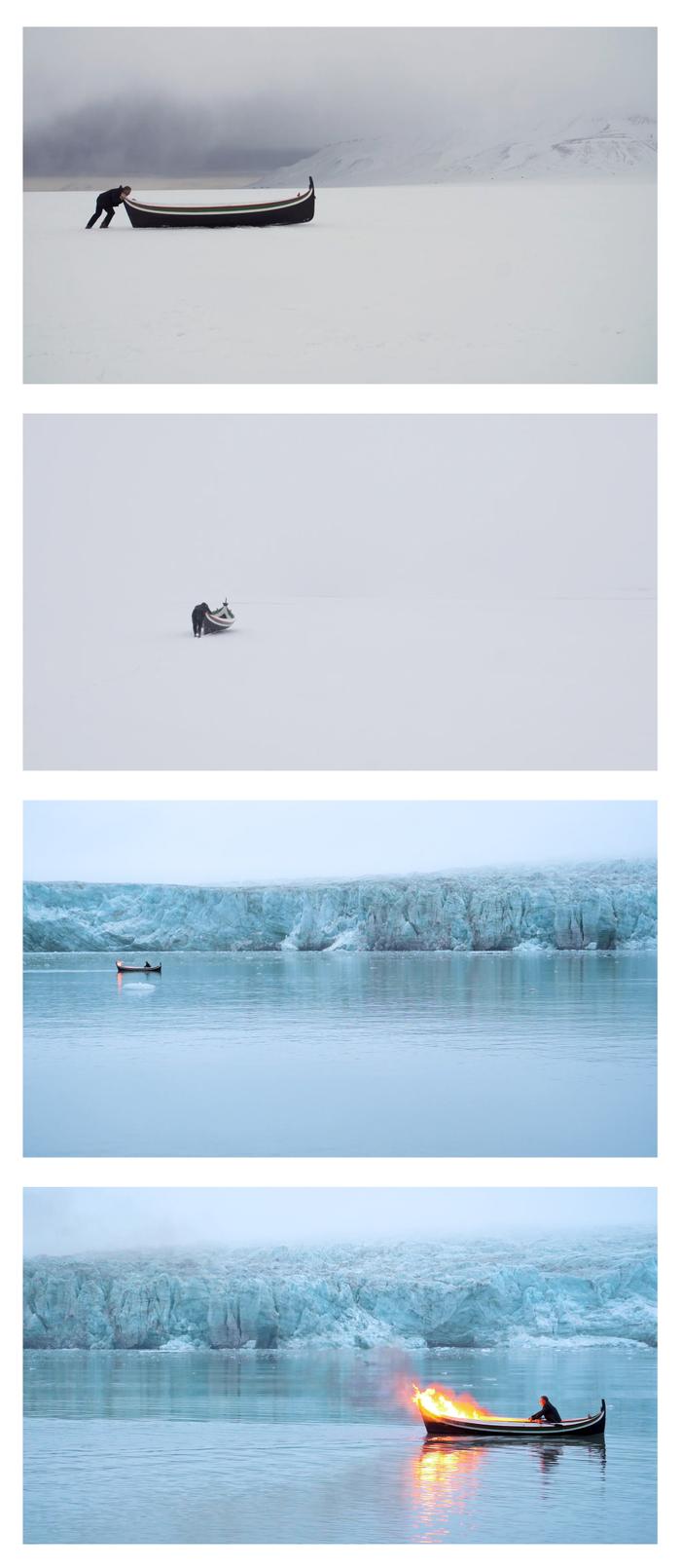 Figure 3: A series of four screenshots from Stein Henningsen’s The Boat (2019). From top to bottom: A man pushing a wood boat across a large ice surface from left to right. The same man pushing the same boat away from the camera. The man rowing his boat on the open water, the edge of a glacier in the background, the boat being on fire. The same man and burning boat as seen in a much closer shot. 