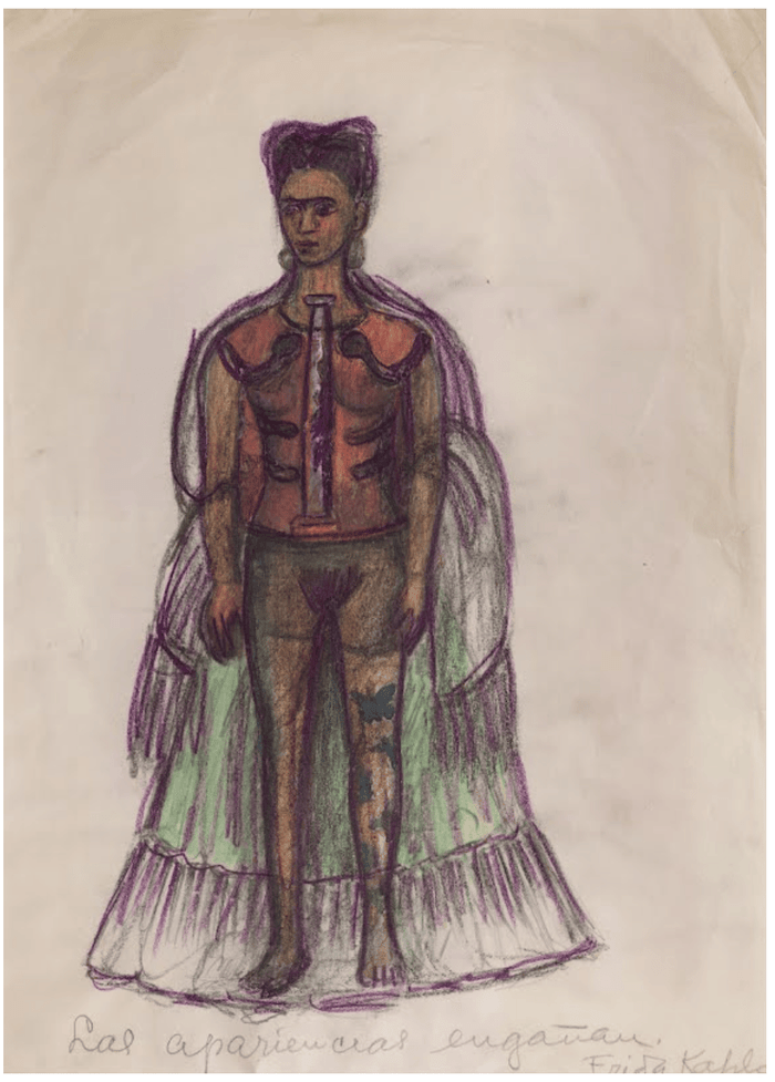 A self-portrait of Frida Kahlo is drawn in the center of the paper. She is nude and wearing an orange corset. Between her neck and abdomen, as if it were her spine, there is a Greek column. Her sex is in the center of the pictorial space, and her right leg has blue butterflies drawn on it. She is barefoot. A transparent purple and green dress covers her body from head to toe. Below the paper, in pencil, is written Las apariencias engañan (Appearances can be deceiving) and at the bottom right Frida Kahlo.