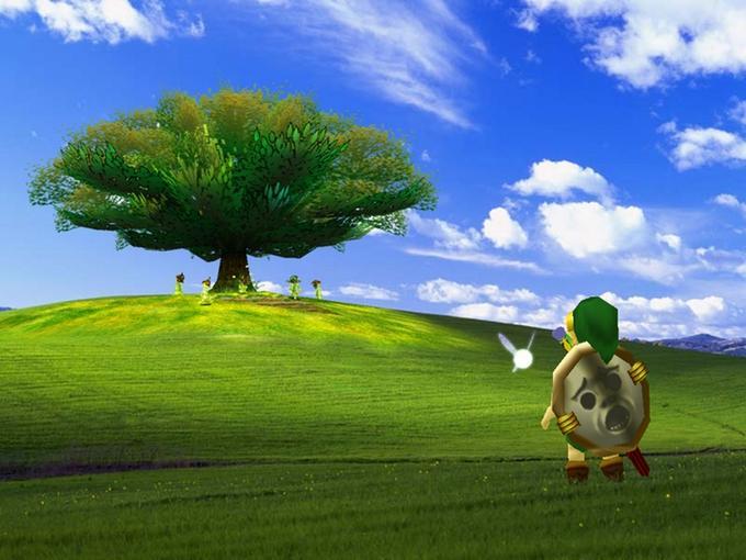 <p>Image found on the website Know Your Meme, showing a combination of characters from <em>The Legend of Zelda: Ocarina of Time</em> with the background image of Windows XP</p>