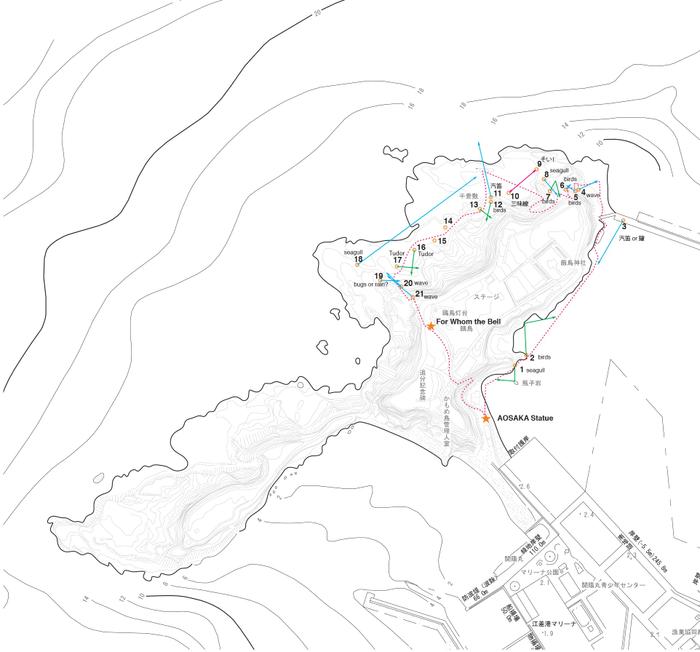 <p>Figure 42: Map of Kamomejima depicting the loop with the placement of sound beam speakers, created by SIAF-Lab.</p>