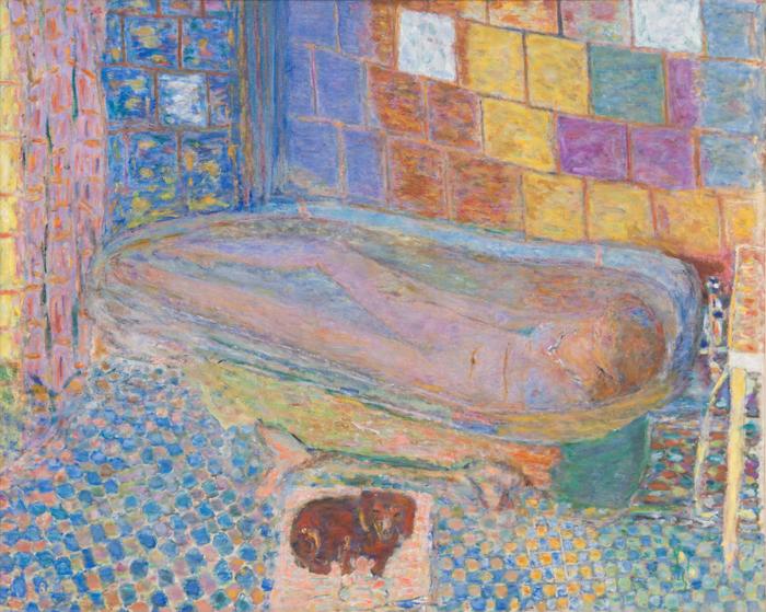 A richly coloured painting of a woman in a bathtub.