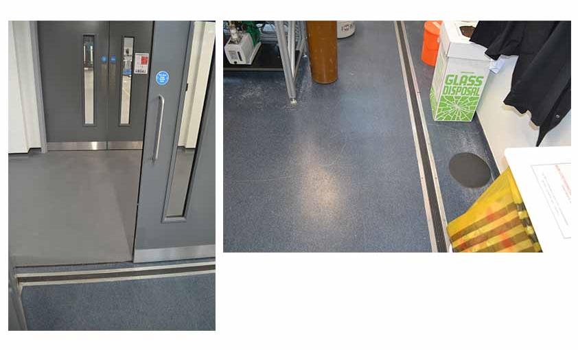 <p>Figure 3: VC-D flooring around the perimeter of the Characterisation Laboratory; photos taken by the author, 21 January 2022</p>