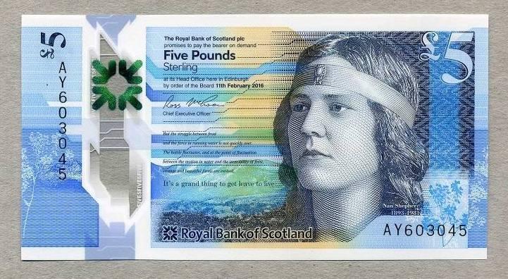 <p>The Royal Bank of Scotland £5 note. <span style="color: rgb(32, 33, 34)">The current&nbsp;</span>polymer<span style="color: rgb(32, 33, 34)">&nbsp;note, first issued in 2016, bears an image of author&nbsp;</span>Nan Shepherd<span style="color: rgb(32, 33, 34)">&nbsp;</span></p>
